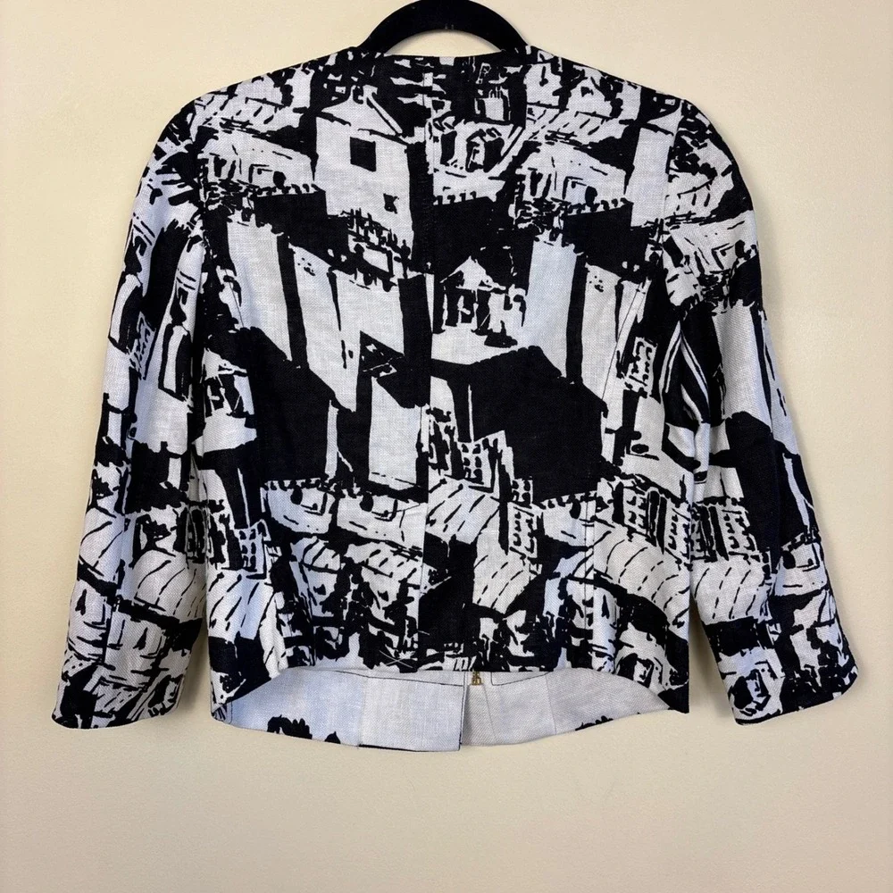 TORY BURCH‎ 100% Linen Jacquard Jacket Black/White Women Size 2 Front Zip Casual